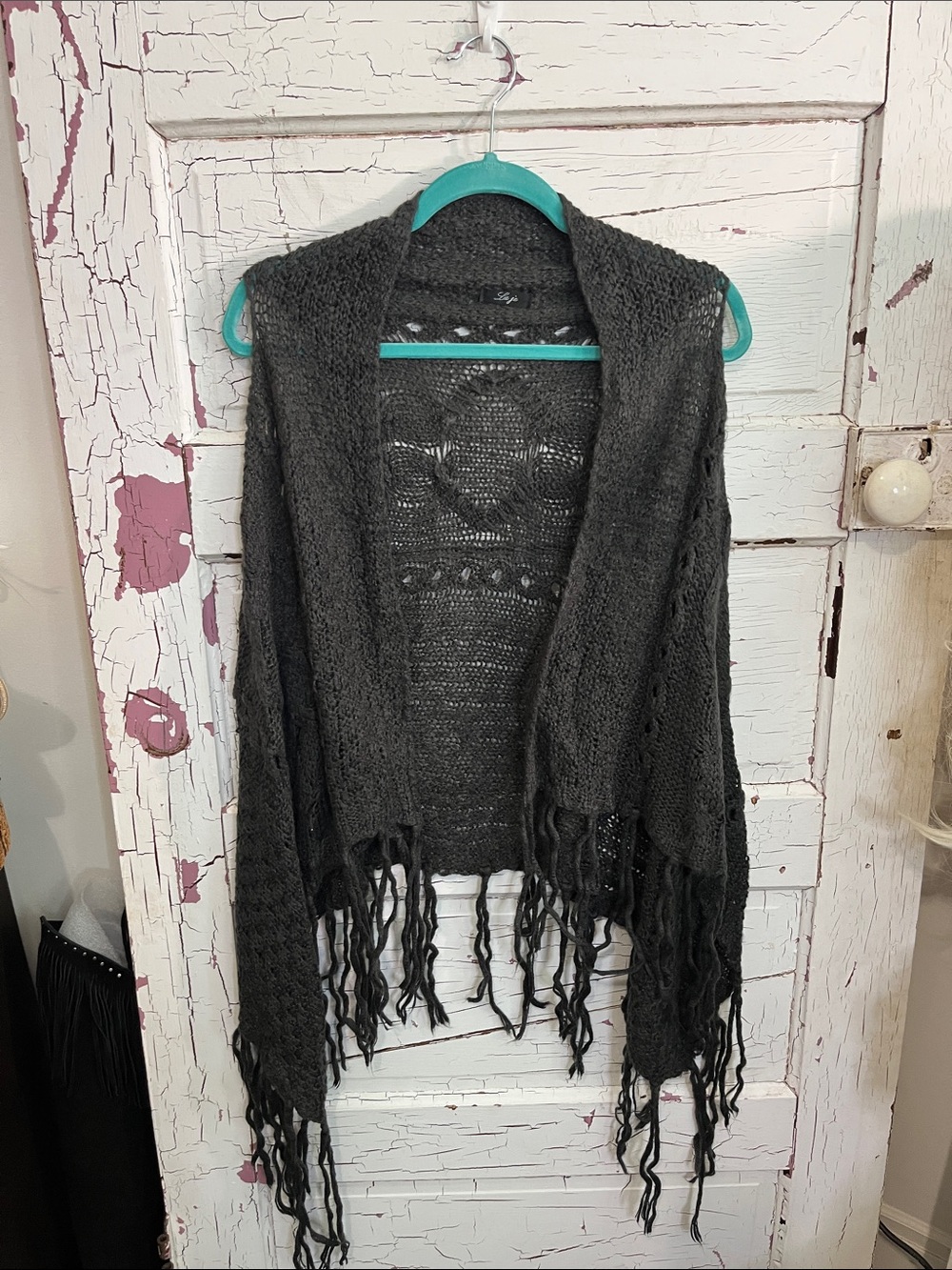 BOHO La he Dark Gray Open-Front Fringe Knit Sweater Cardigan OSFM